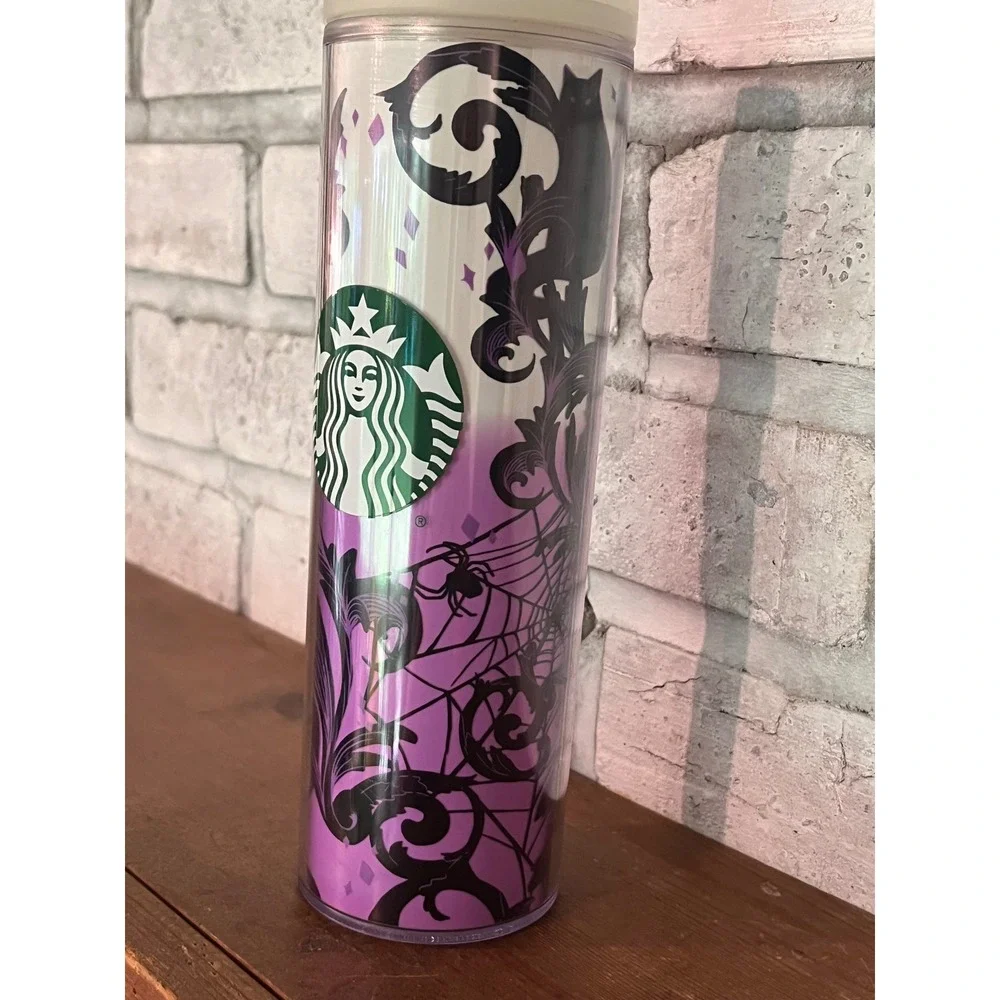 Starbucks 2021 Halloween‎ Tumbler Cup Black Purple Cat Spider Glow in the Dark